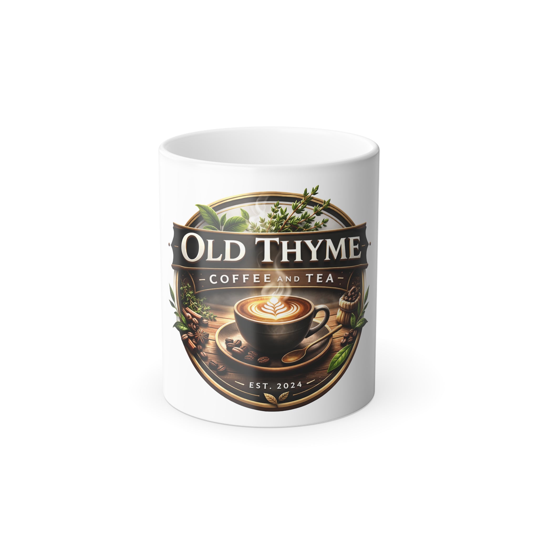 Old Thyme Coffee & Tea Color-Changing Mug — 11oz Vintage Cafe Logo