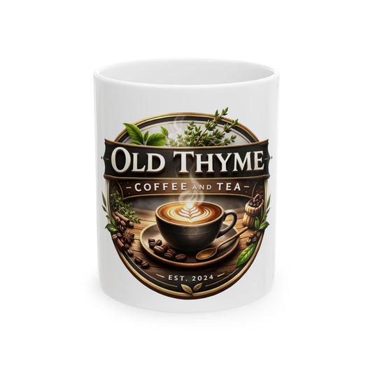Old Thyme Coffee & Tea Ceramic Mug — Vintage Coffee Cup (11oz, 15oz)